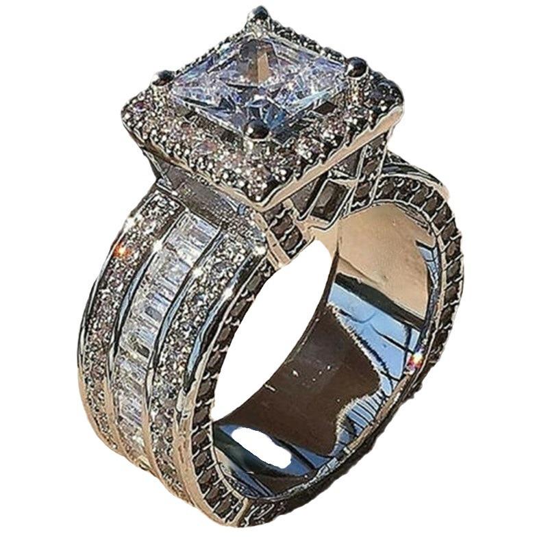 New Inlaid Square Imitation Zircon Ring, European and American Fashion Engagement Ring Jewelry