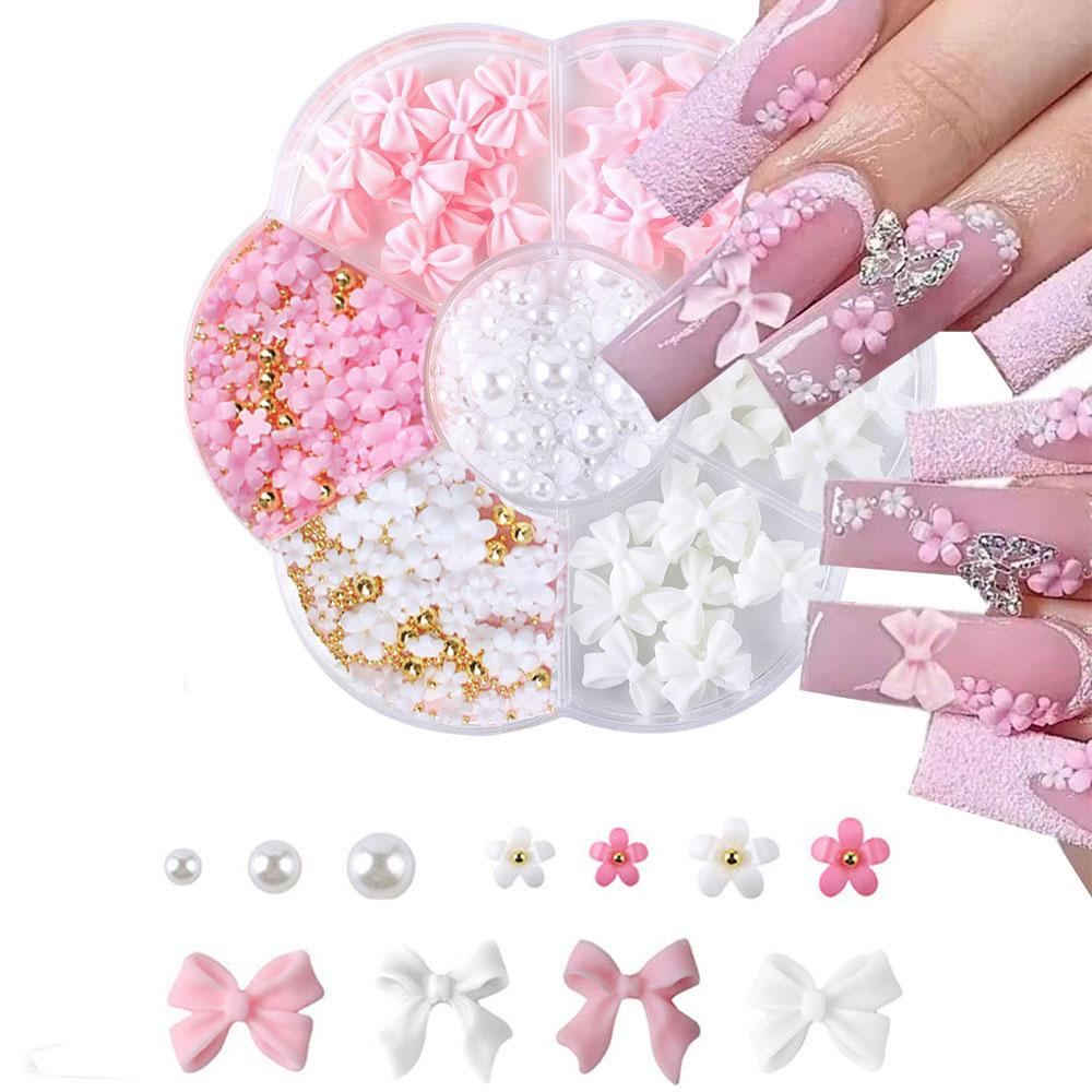 1 Box 3D Blumen Schleife Nagelkunst Dekorationen Set Rosa/Weiß Acryl Floral/Perlen Nagel Charm mit Wachsstift/Pinzette 4/6mm Nagelteil