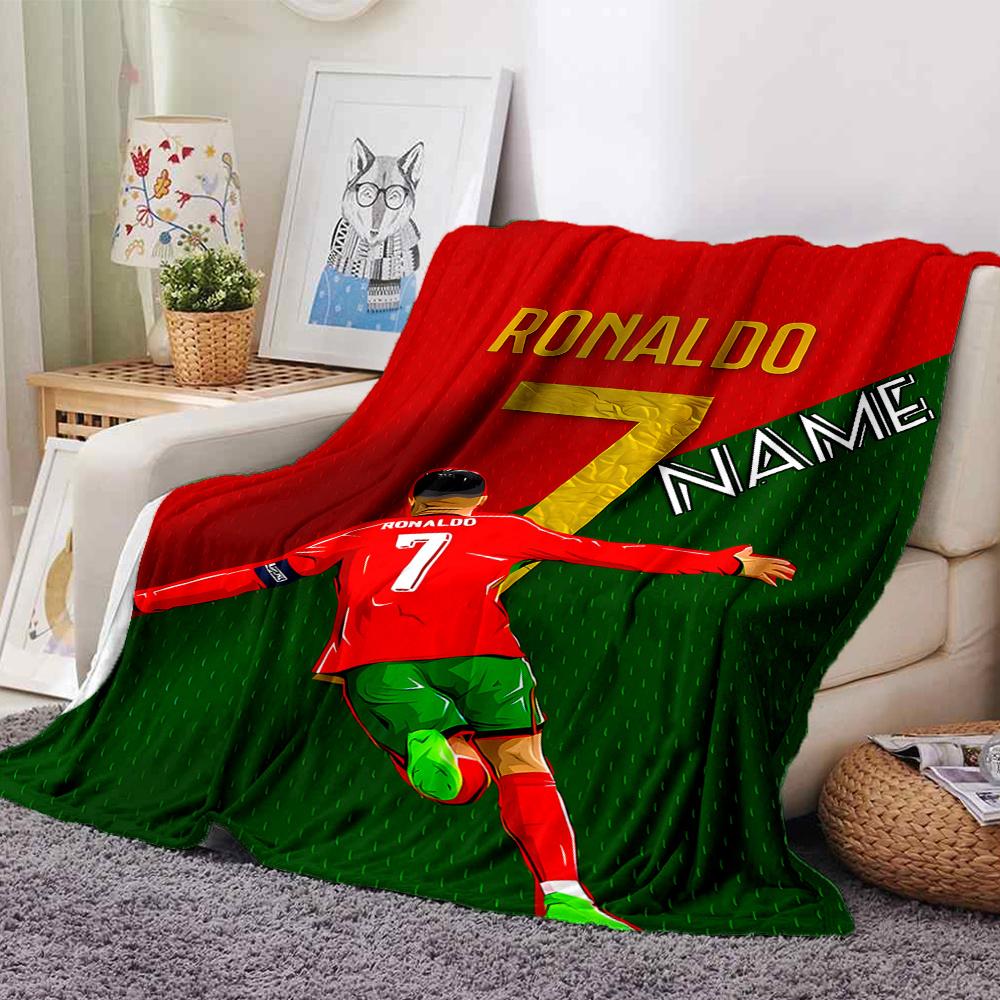 Ronaldo Football Player Sports Jersey Red Green Background Four Seasons Blanket Customized With Your Name Lightweight And Warm Perfect Gift For Home
