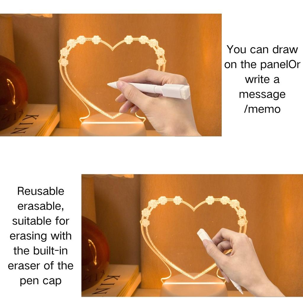 Heart LED Night Light with Message Board - USB Powered, Warm Light Bedside Lamp for Bedroom Decoration