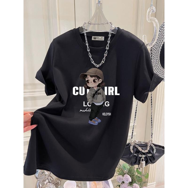 Large Version of Loose T-shirt for Women's Short-sleeved Pure Cotton Summer New Korean Version of Cute Girl Mid-length Top