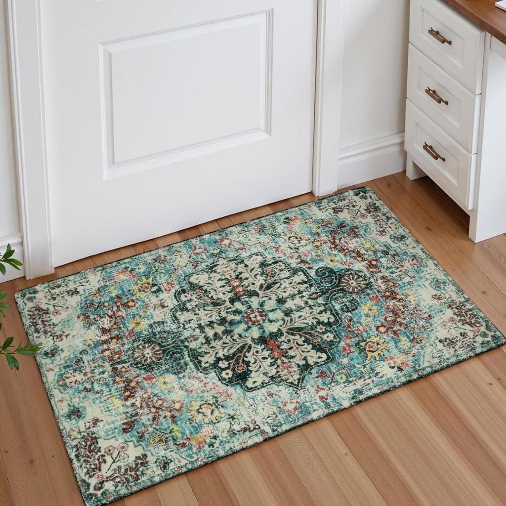 Bohemian Floral Medallion Area Rug - Teal Large Washable Rugs for Living Room Soft Rugs for Bedroom, Turkish Non Slip Indoor