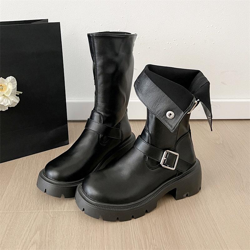 Black retro thick-soled thick-heeled Martin boots women's 2025 new summer British style thin medium tube knight boots