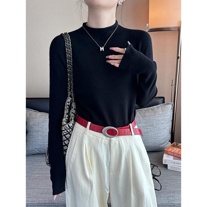 One-piece velvet inner half turtleneck long-sleeved sweater autumn and winter plus velvet small fragrant style layered bottoming sweater thick top