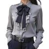 New Autumn Plain-color Lace-up Bow and Ruffled Hem Design Blouse for Women