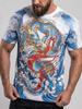 Men's Japanese Dragon Print T-Shirt, Traditional Blue Dragon & Ocean Waves Short Sleeve Casual Top