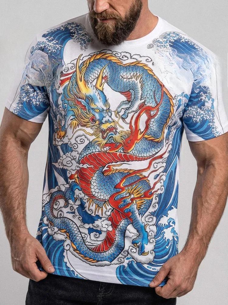 Men's Japanese Dragon Print T-Shirt, Traditional Blue Dragon & Ocean Waves Short Sleeve Casual Top