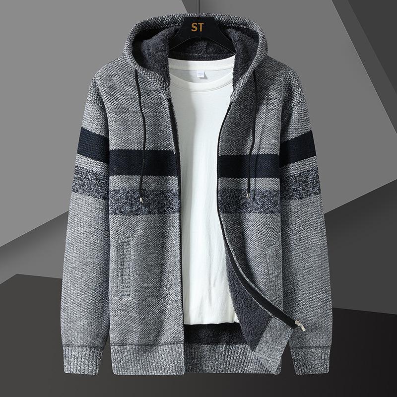 

Men s Color Block Plus Velvet Hooded Cardigan - Plus Size Wool Knitwear for Autumn/Winter 2025 3XL світло-сірий колір