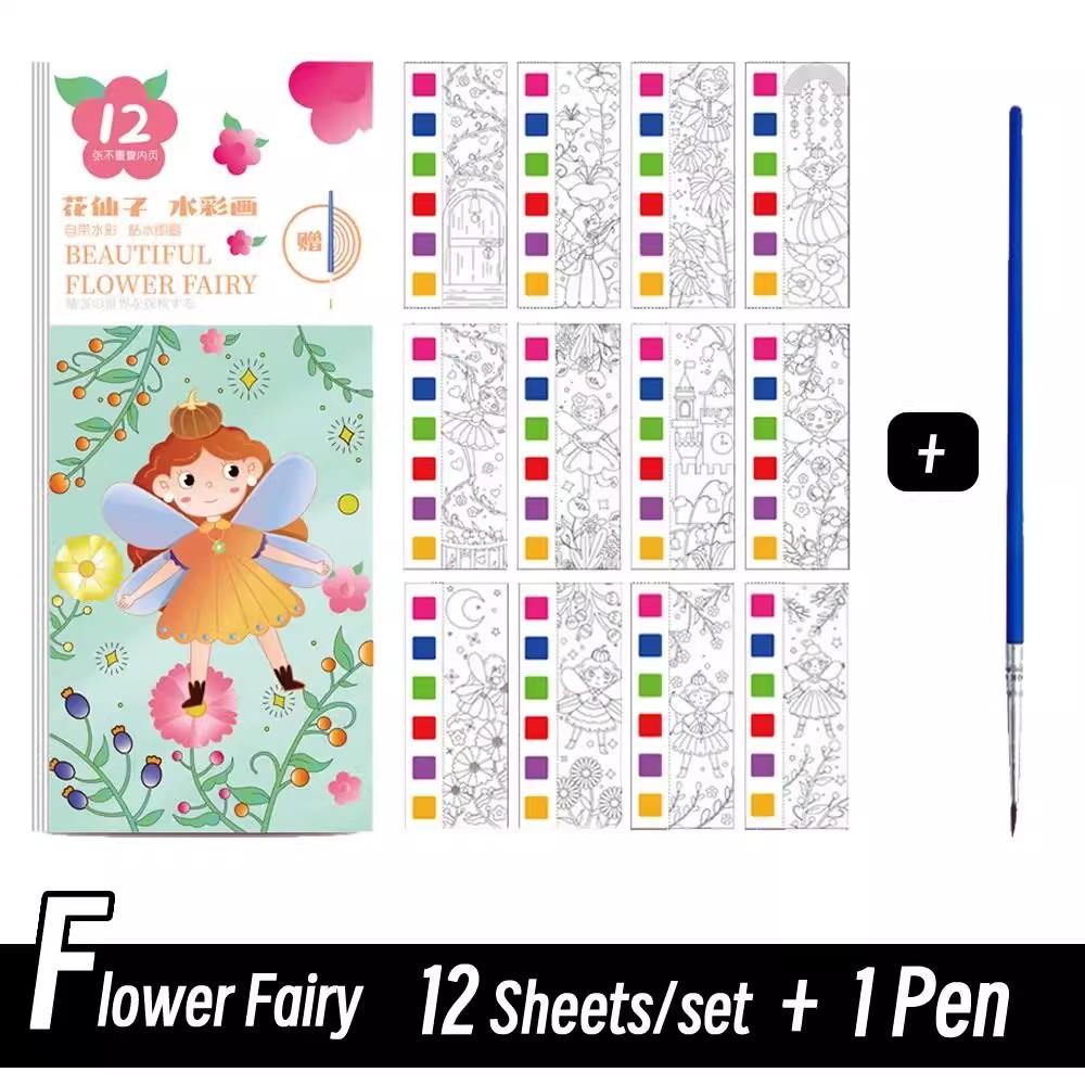 12 Sheets/Set Portable Watercolor Coloring Book - Flower Fairy/Monsters/Space Watercolor Doodle Book