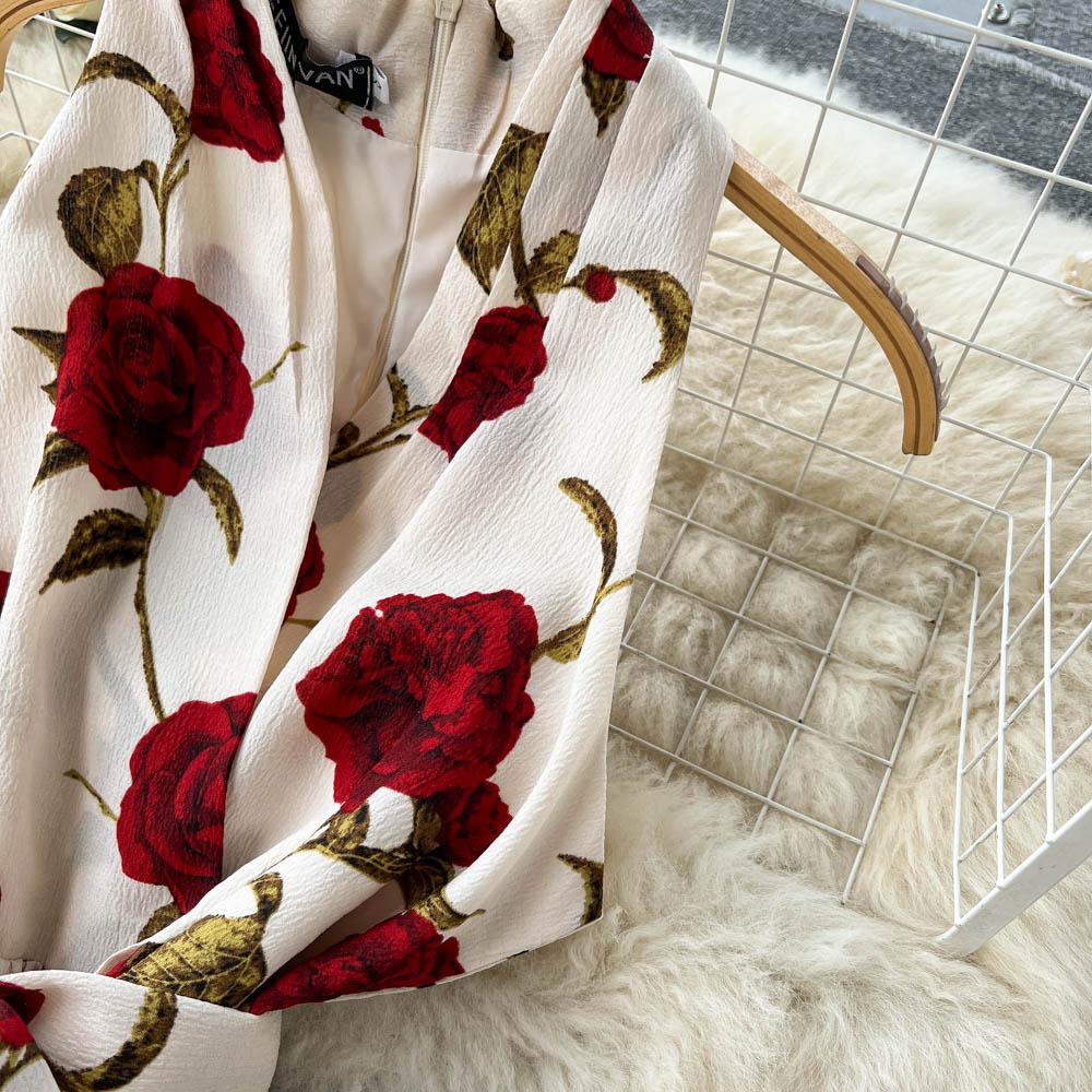 Retro Print Dress  Summer New Goddess Fan Temperament V-Neck Tie Waist Thin Mid-Length Dress