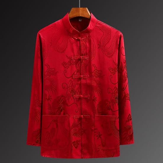 Nieuwjaar Chinese Traditionele Mannen Tang Pak Shirt Stand Kraag Lange Mouw Draak Print Shirt Zakken Ontwerp Tai Chi Tops