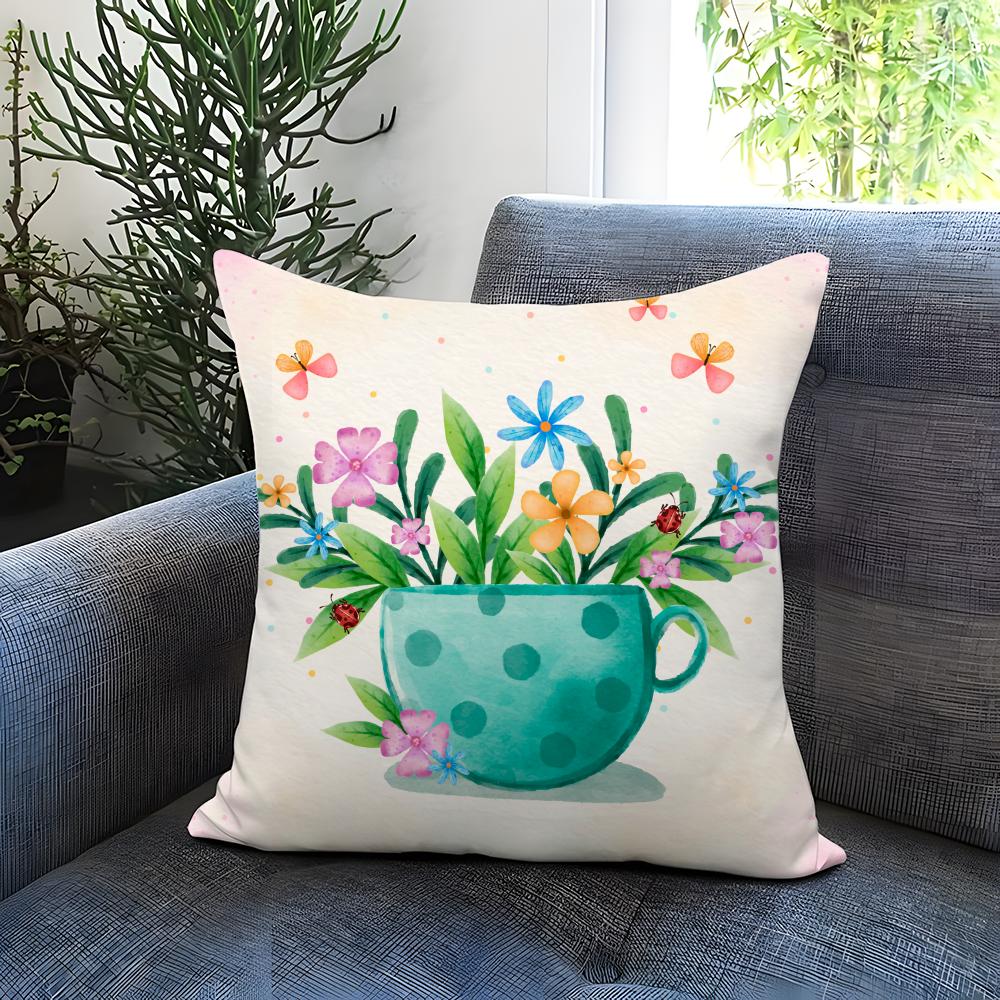 Popular C-CCup of Flowers Cushion Cover Comfortable Reversible Pillow Cover Ideal for Car Sofa Bedroom & Beyond