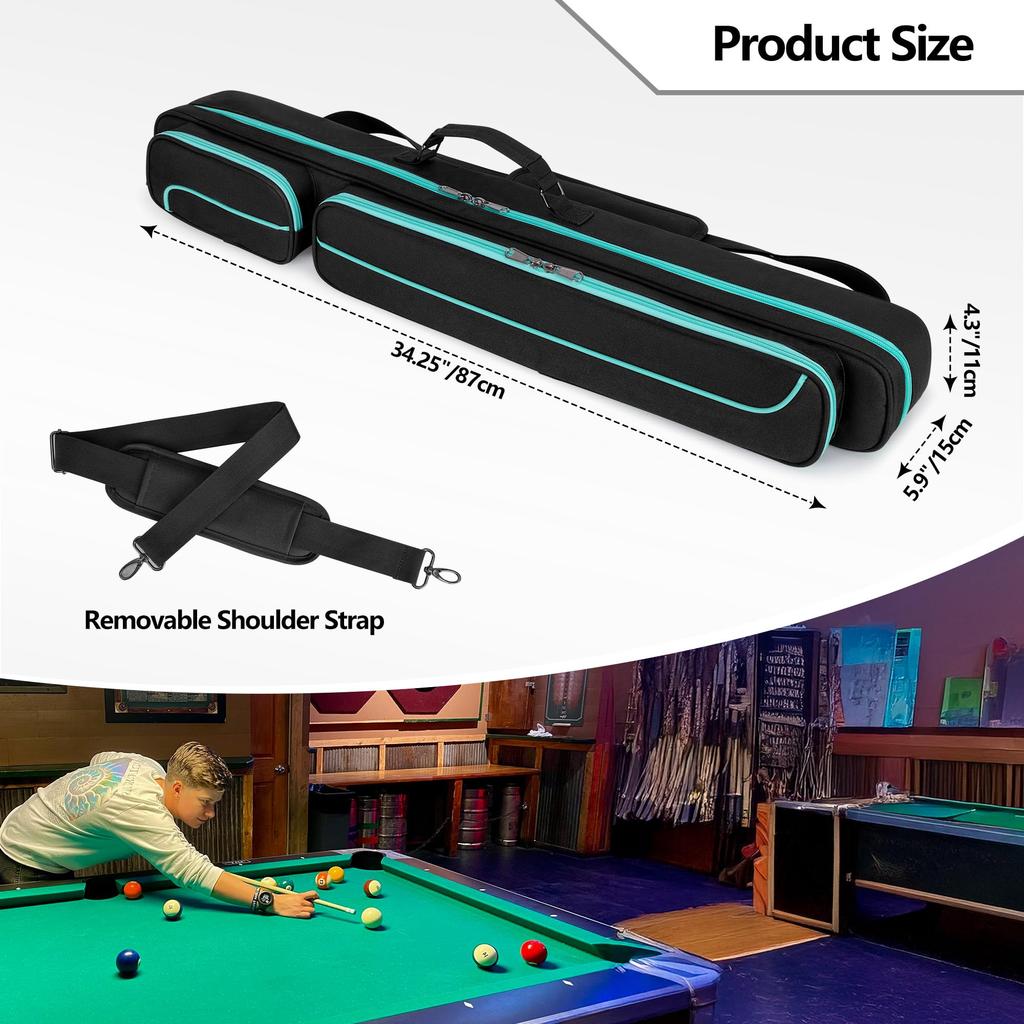 GOBUROS Cue Case, Holds 2 Butts and 2 Shafts, Billiard Cue Case, Pool Cue Bag, 1/2 Billiard Cue Bag (Green Zipper)