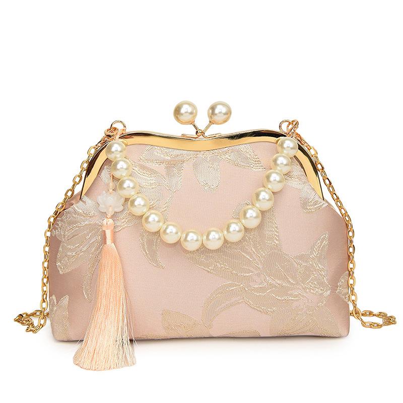 2026 Women's Crossbody Evening Bag with Chain Clasp - Textured Qipao Embroidery & Pearl Design