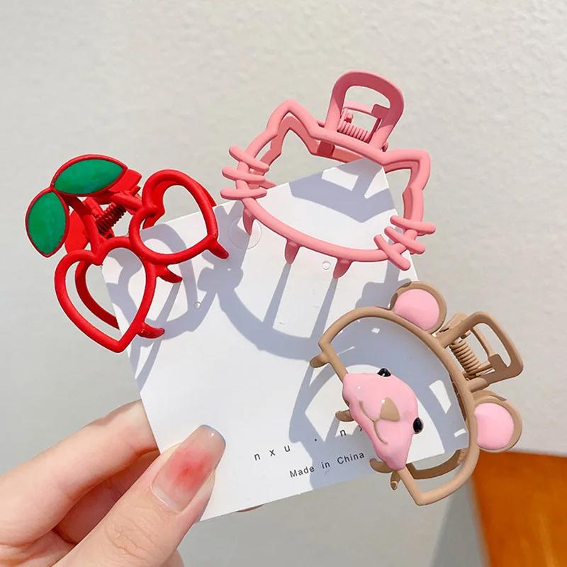 Cute Little Bear Pink Cat Hair Clips Hollowed-out Metal Girls' High School Ponytail Clips Cherry Headwear Hair Accessory Clips
