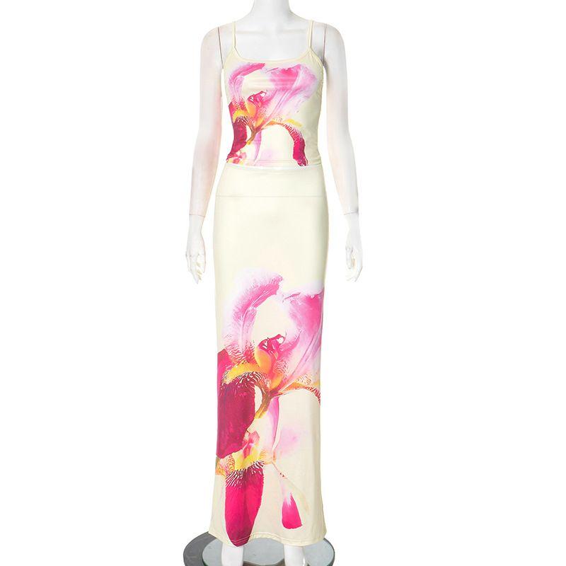 

Fashion 2025 Summer New Elegance Dignified Flowers Print Sling Tops Match Silm Half-Length Dress Two-piece Set Color L