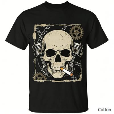 Vintage Mechanical Skull Biker Graphic TShirt Retro Piston Gear Print Pure Cotton Tee Punk Streetwear Unisex Top