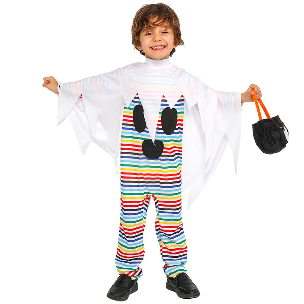 Halloween Child Costume For Kids With Polyester Fabric And Playful Striped Ghost Design For Party Performance