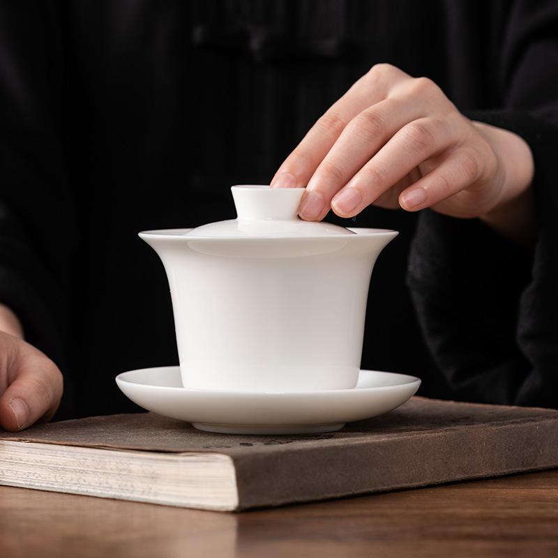 Hover Cover Bowl Suet Jade Porcelain White Porcelain High-end Three Talents Brewing Tea Bowl One Pot Two Cups Gift Box Light Luxury Boutique Tea Set