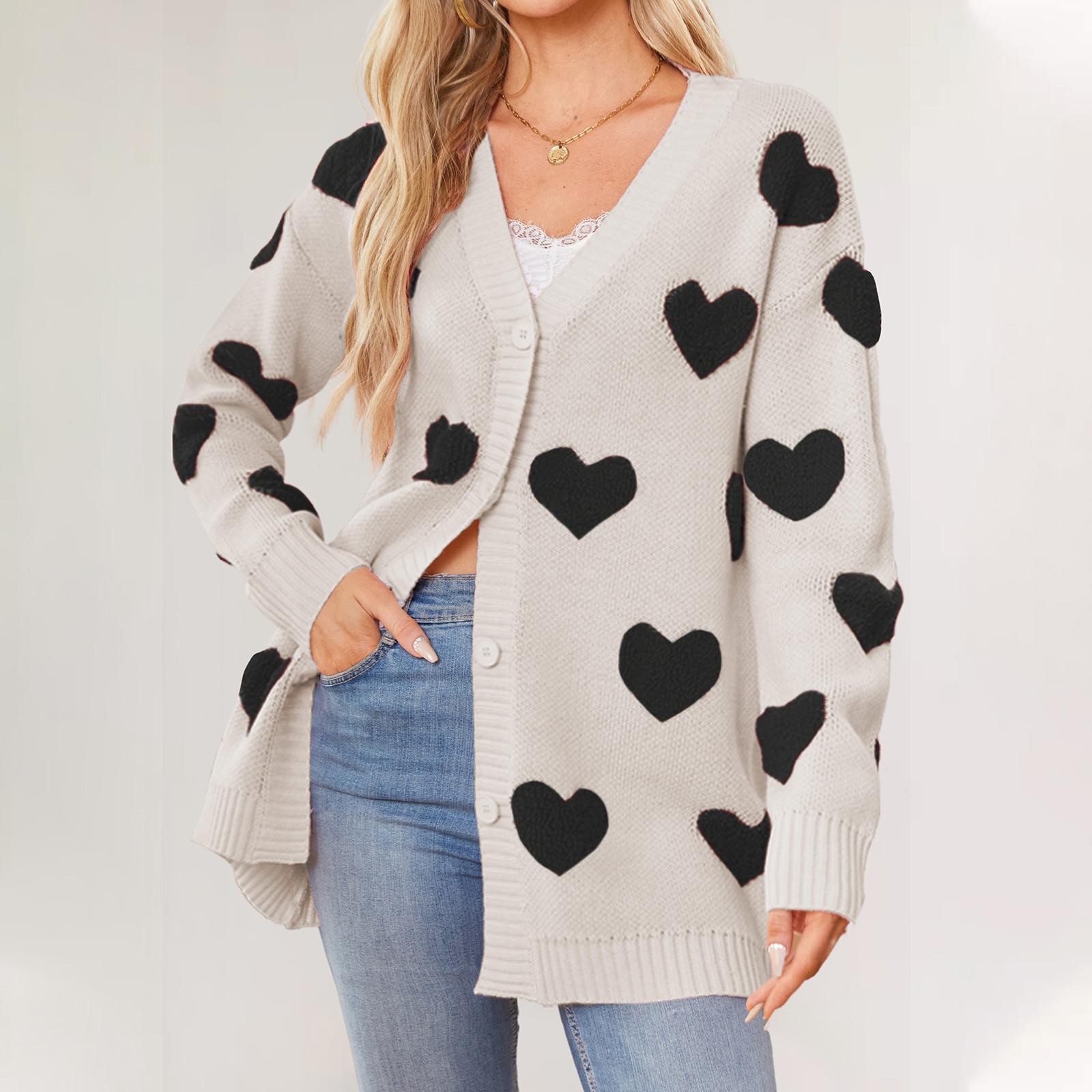 

Heart Knitted Medium Long Jacket V-neck Button Up Cardigan For Women M хакі