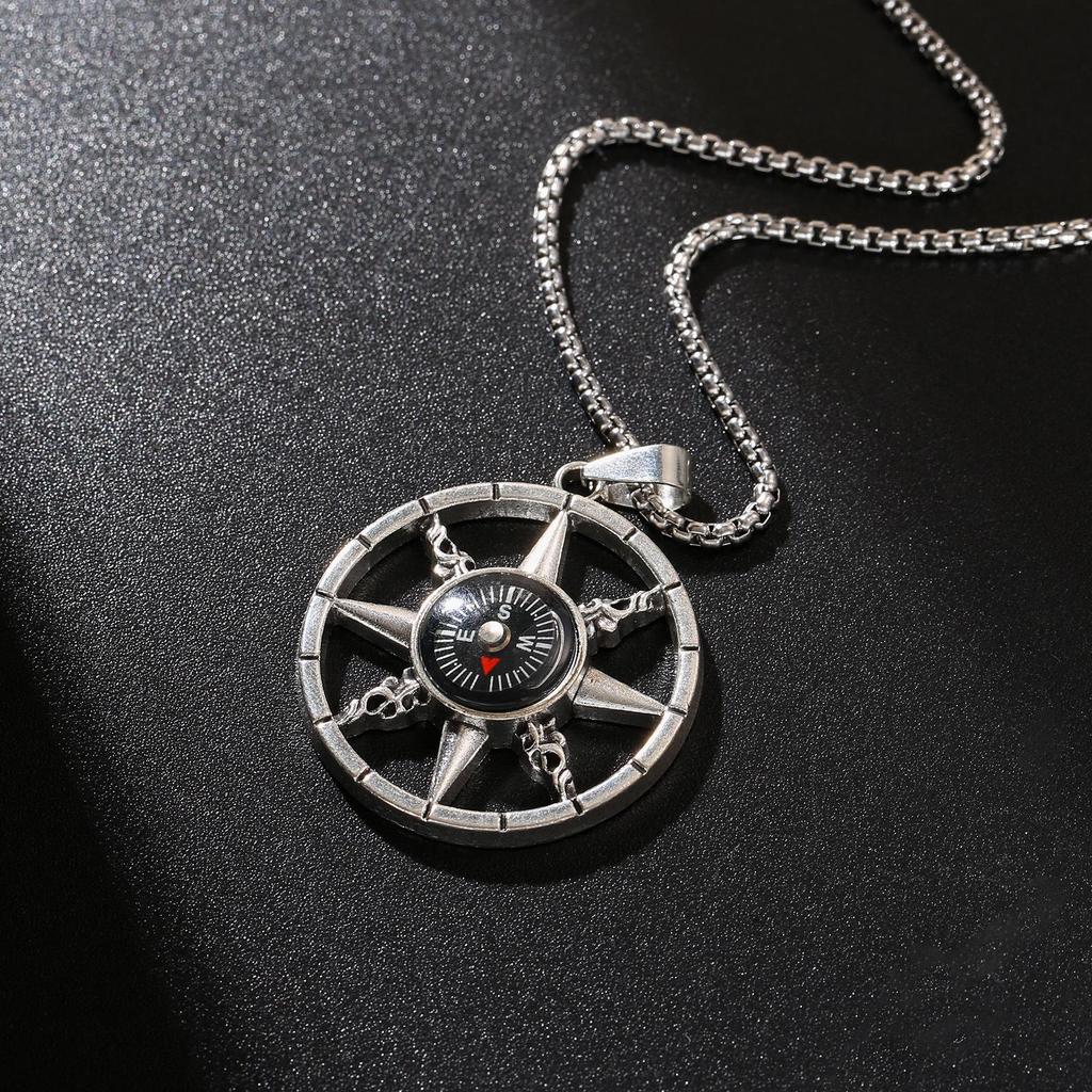 Rotatable Nautical Compass Pendant Necklace with Square Bead Chain