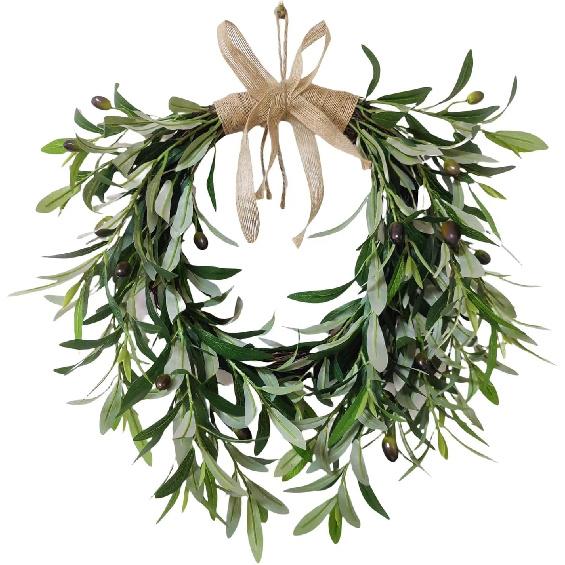 Artificial Olive Garland with Greenery Leaves – Faux Olive Wreath for Front Door, Farmhouse Wall Decor, Hanging Green Wreath for Window or Wedding
