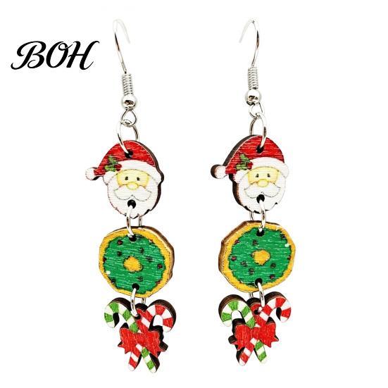 Red Green Holiday Decor 1 Pair Christmas Wooden Dangle Drop Earrings for Women, Cute Santa Women Seasonal Accessories Gingerbread Candy Cane Earrings,