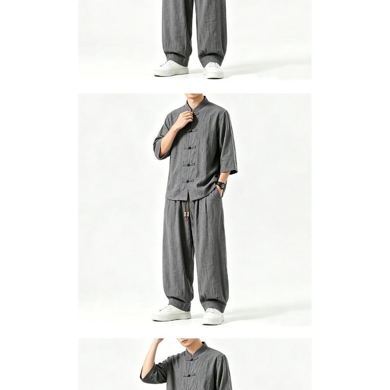 Men Chinese Style Retro Stand Collar Shirt And Pants Casual Two Piece Set