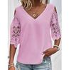 A New Summer Casual And Sweet Solid-color V-neck Lace Five-quarter Sleeve Women's T-shirt For Ladies
