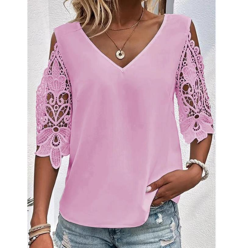 A New Summer Casual And Sweet Solid-color V-neck Lace Five-quarter Sleeve Women's T-shirt For Ladies