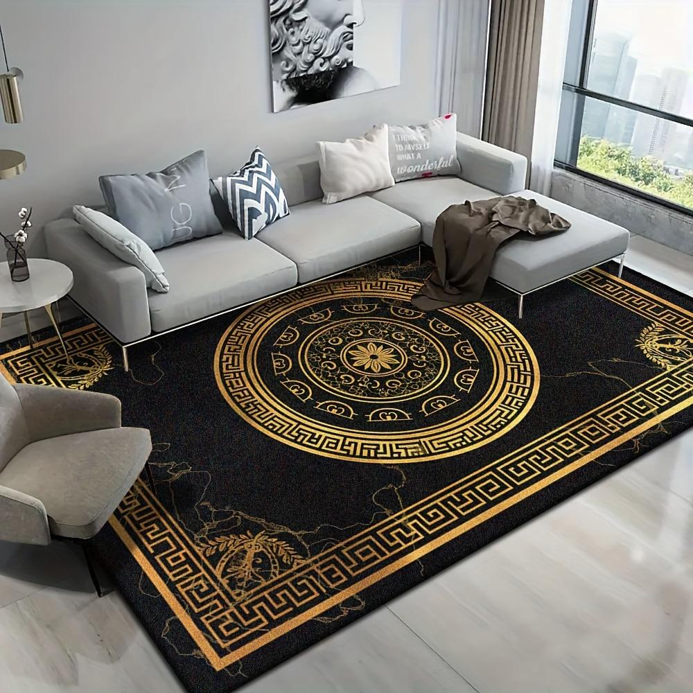 Luxury Black Gold Greek Key Print Carpet Plush Flannel Rug Living Room Bedroom Home Decor Area Rug Non Slip Floor Mat