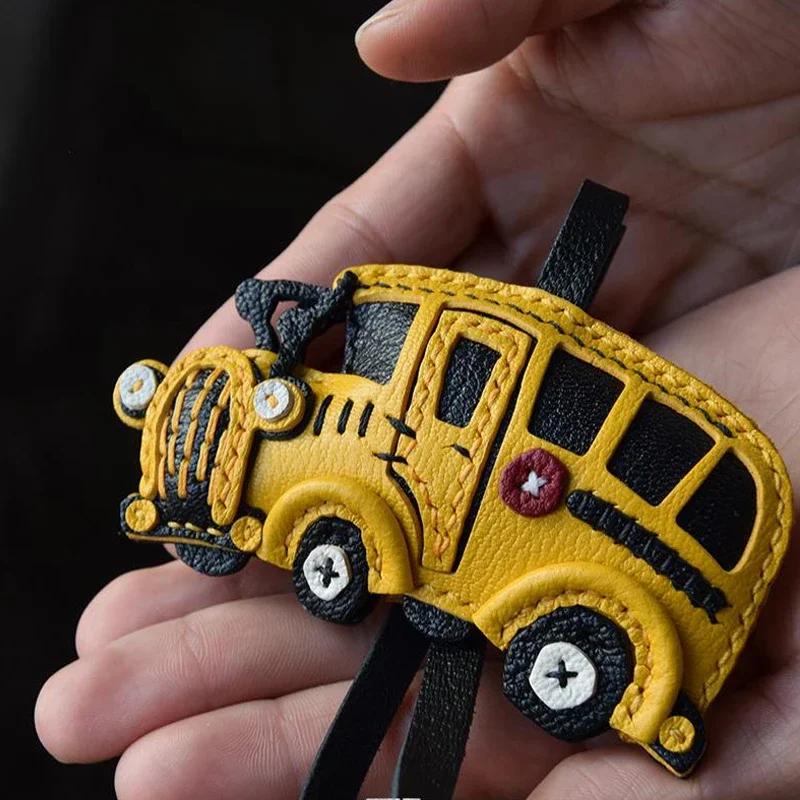 Handmade Leather Keychains School Bus Bag Charm KeyChain KeyRing Creativity, Birthday Gifts