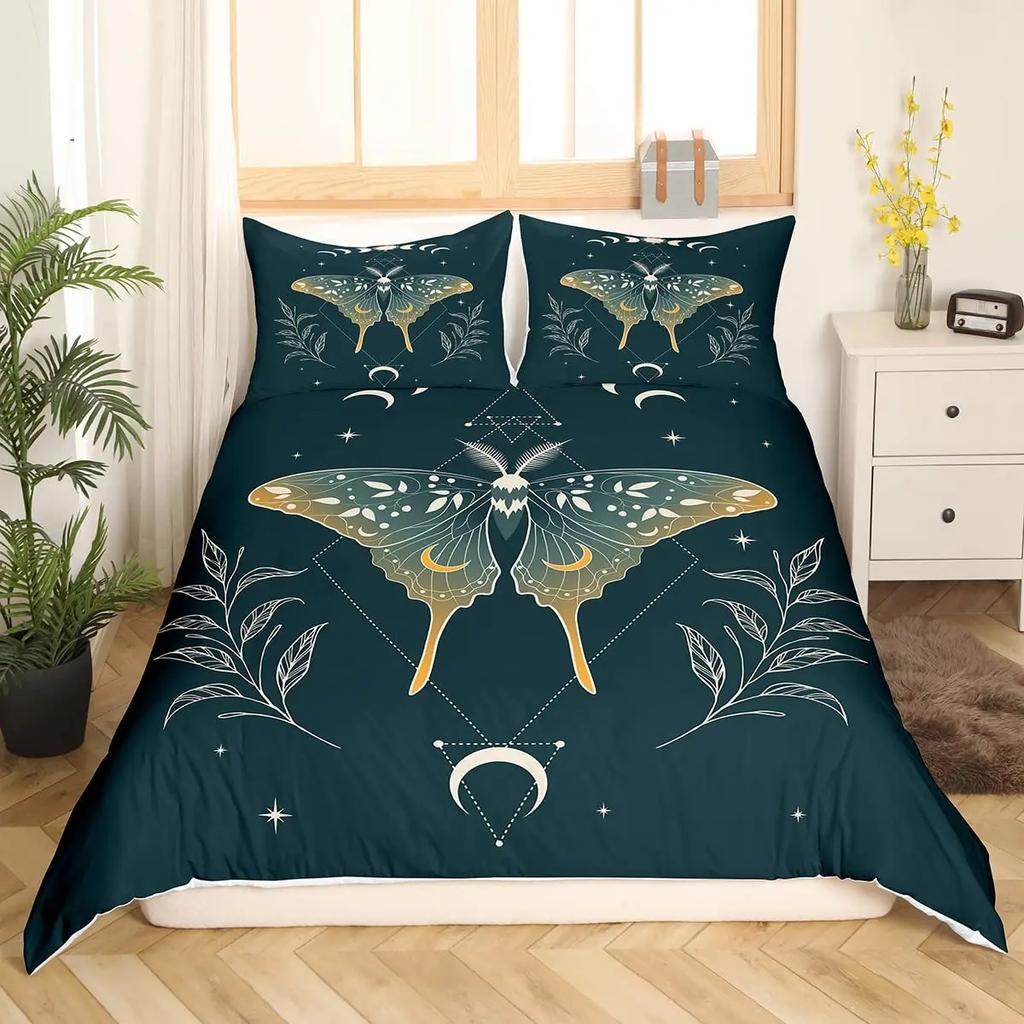 Death Moth Flowers King Queen Bedding Set Leaves Sun Moon Duvet Cover Gothic Animal Floral Comforter Cover Polyester Quilt Cover