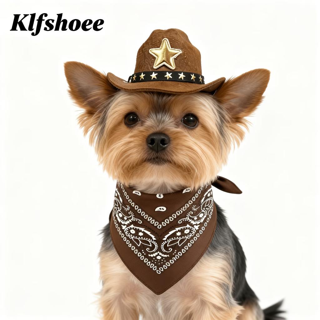 2Pcs Western Cowboy Pet Costume Set Machine Washable Adjustable‑Strap Hat  Retro Brown Bandana For Small Medium Dogs Puppies Kit
