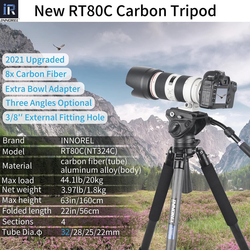 INNOREL Carbon Tripod Camera Nut Lock Type Load Capacity 20KG 4 Tiers Telescopic Panoramic Tube Diameter Bowl Adapter Video Digital Camera SLR Digital