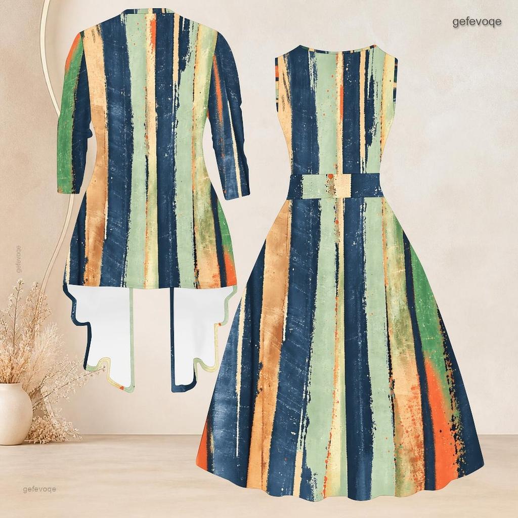 Women Plus Size Two Piece Set Printed 3 4 Sleeve Open Cardigan Sleeveless Round Neck Tie Waist Flared Dress