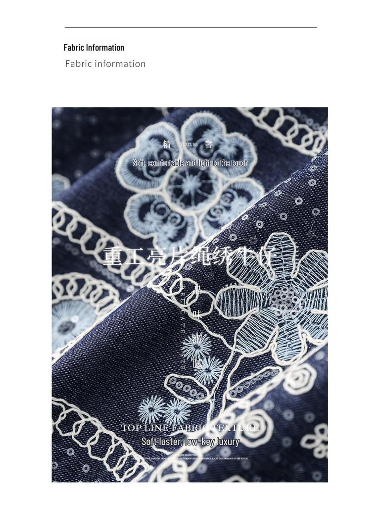 High-Quality Retro French Sequin Embroidered Denim Skirt—Slim Fit Fashion for Women