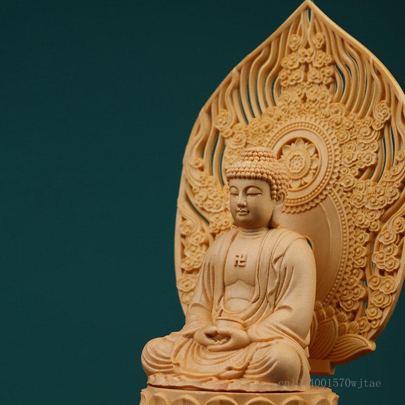 Shakyamuni Buddha Statue for Home and Office Decor, Wood Hand Carving Crafts, Sitting Lotus Sculpture, Fengshui Decoration, 1Pc