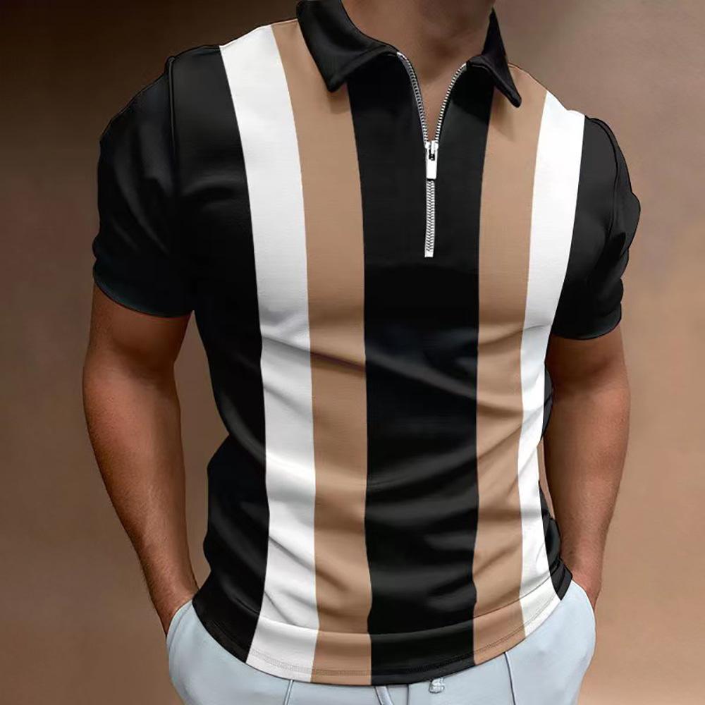Trendy Short-sleeve Polo Shirt with Half-zip and Vertical Stripes, Great for Casual Wear.