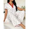 [Elegant Pajama] Comfy Elegant Women's Pajama Set | V-Neck Lace Trim, Short Sleeve Top & Long Pants, Red & White Cherry Print, Loungewear