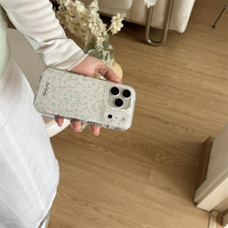 Kawaii Pastel Pink Floral Green Leaf Clear Phone Case For iPhone 14 15 16 17 Pro Max INS Fresh Style Large Window Shockproof Cov