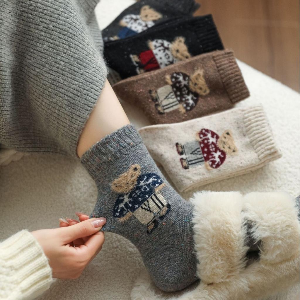 Vintage Sweater Bear "Cartoon Wool Socks Children'S Medium Tube Socks New Flocking Design Stacking Socks Women