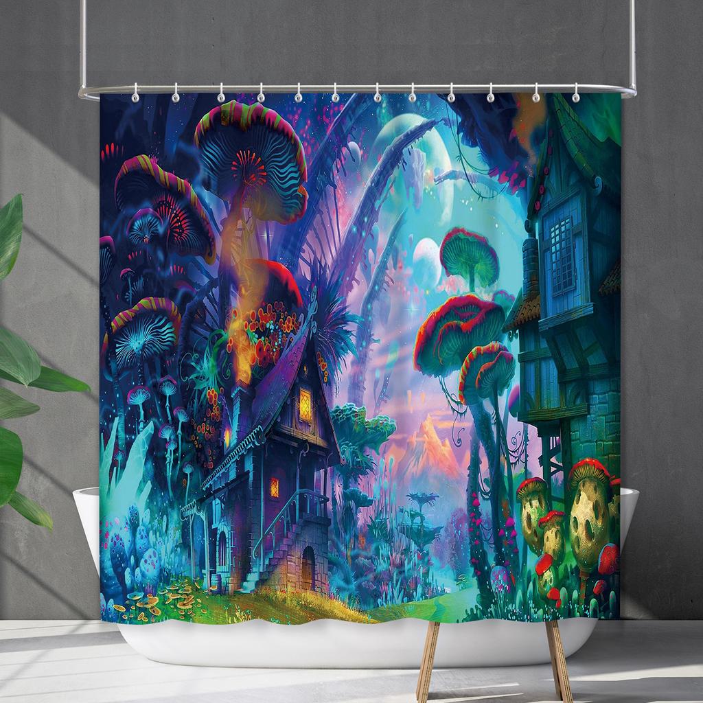 Bathroom Waterproof Curtain Digital Printing Plant Mushroom Shower Curtain Non-Punching Toilet Partition Curtain Shower Cloth