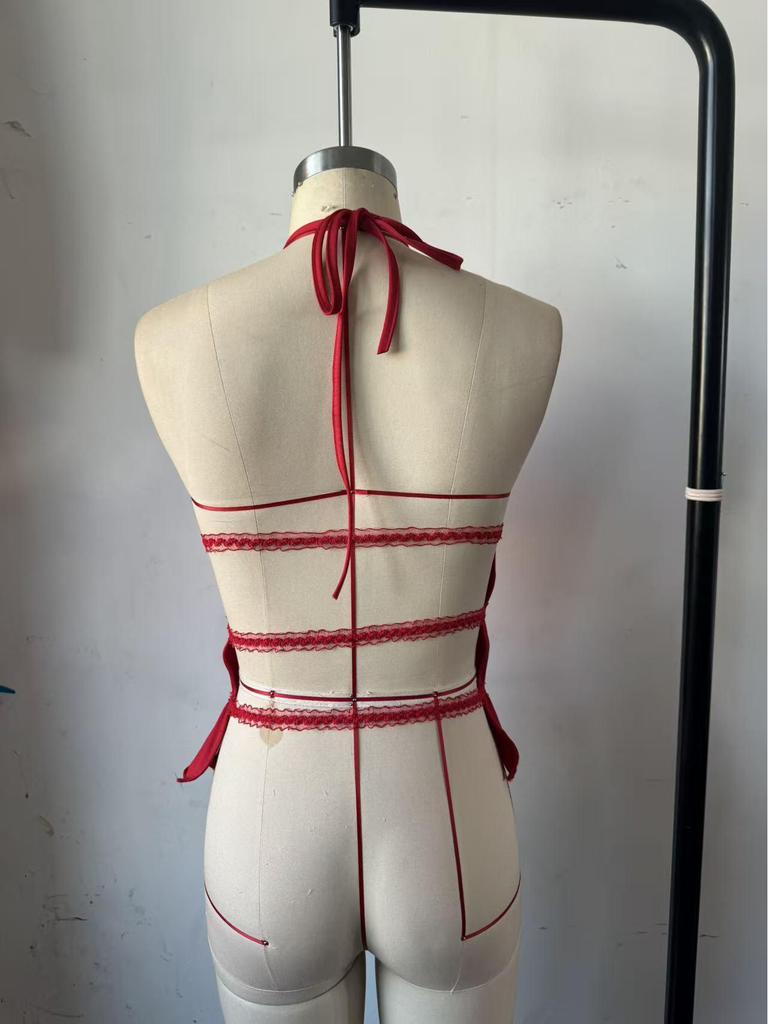 2026 Summer Solid Color Pleated Halter Neck Women's Open Back Lace-up Top