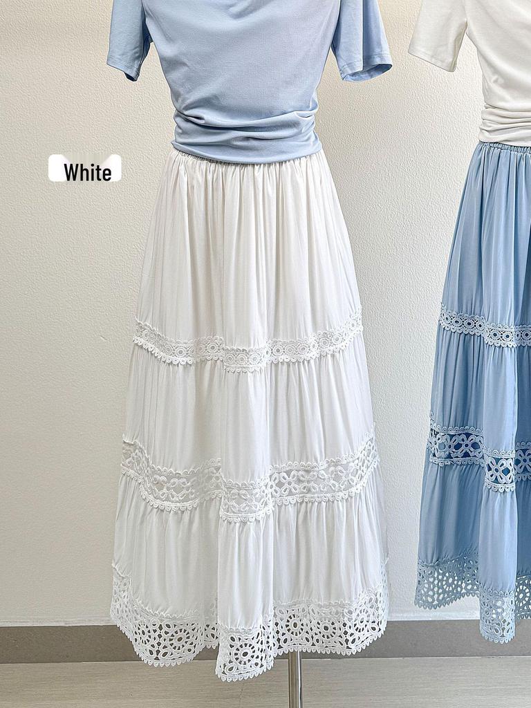 2026 Spring/Summer Patchwork Lace Fairy Midi Skirt with Embroidery and Draping A-line