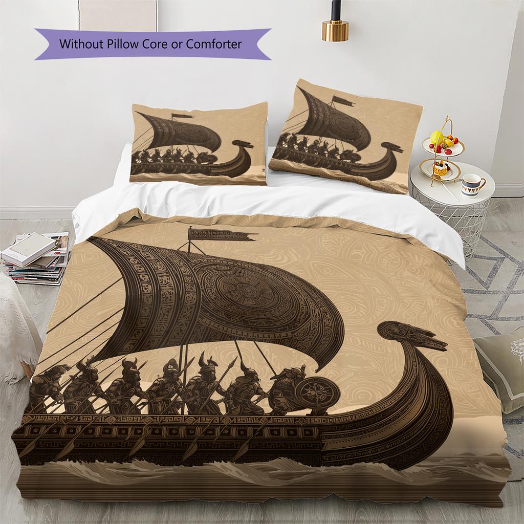 Viking Longship Pattern Bedding Home Decoration Birthday Gift (1 * duvet cover + 2 * pillowcase, without core)