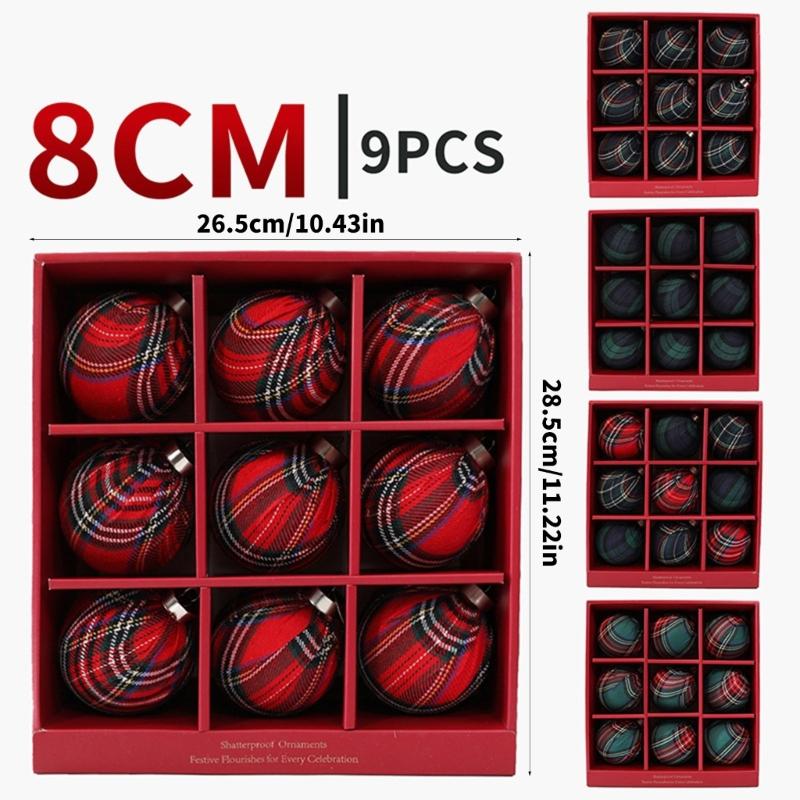 Stoffummantelte Weihnachtskugel-Ornament, 9 Stück karierte Kugeln Hängedekoration Set für Baumschmuck und Feiertagsdekorationen