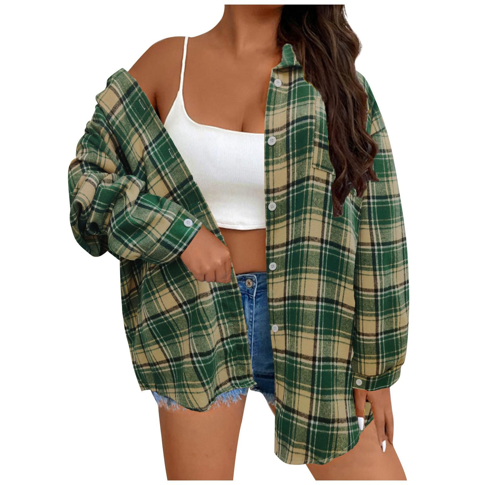 

Женская модная повседневная осенне-зимняя клетчатая рубашка на пуговицах, верхнее пальто XL зелёный