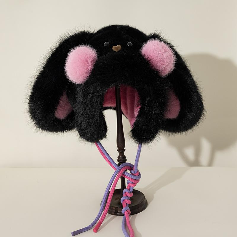 New Versatile Cute Long Ear Blush Rabbit Plush Hat for Women In Autumn and Winter Cold Protection and Warm Ear Protection Lei Feng Hat