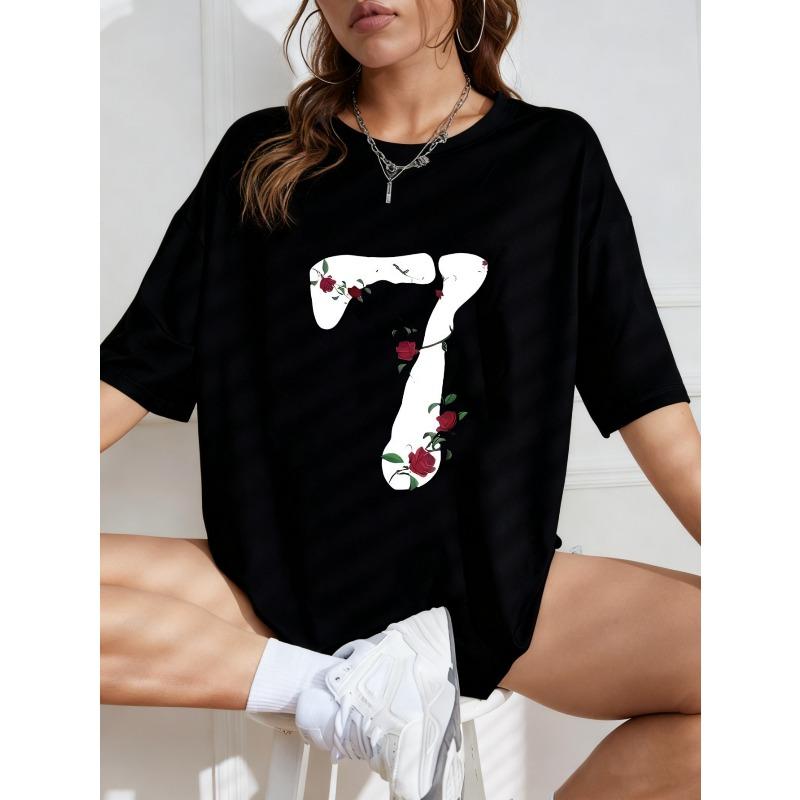 White Oversized T-Shirt With Floral Number Seven Print For Casual Wear